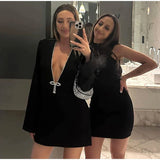 Ladies Elegant Deep V Long Sleeve Mini Dress Women Fashion Solid Color High Waist Slim Dresses Female Nightclub Party Vestidos