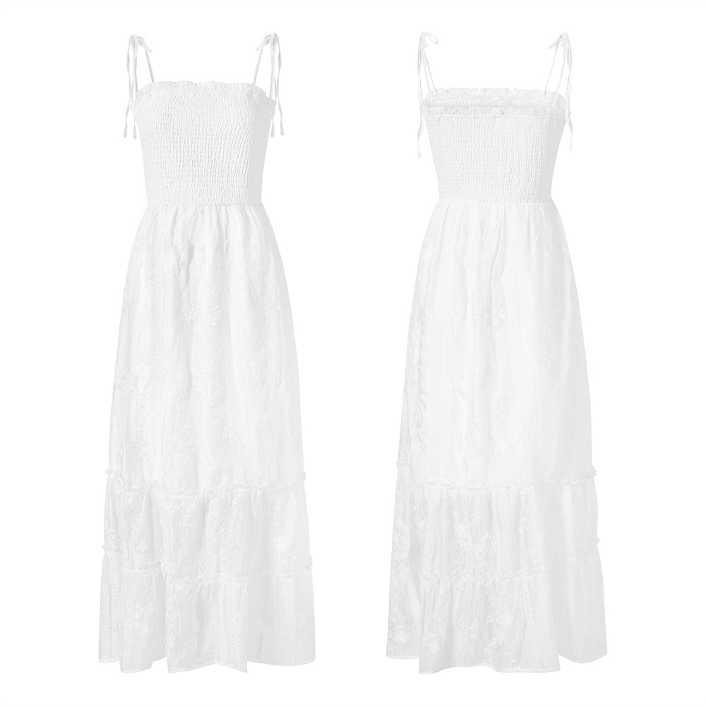 woloong  Womens Summer Floral Dress Backless Dress Solid Color Sleeveless Spaghetti Strap Tie-Up Ruffle  Beach Boho Maxi Dresses Sundress