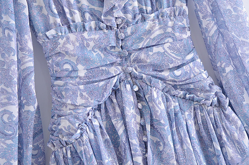 Blue Floral Print Chiffon Mini Dress Women Wood ears Ruffles V neck Open Buttons Slim Ruched Waist Long Sleeve Holiday Robe