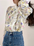 Blouse Women Shirt Ruffled Collar Floral Button Up Shirts Loose French Vintage Blouse Fashion Sweet Long Sleeve Tops
