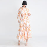 Hit Color Print Folds Dresses For Women Stand Collar Lantern Sleeve High Waist Elegant Dress Female Fashion Clothes