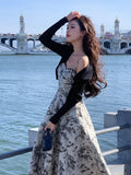 French Vintage Midi Dress Women Casual Elegant Floral Strap Dress Party Even Office Lady Slim One Piece Dress Korean Summer