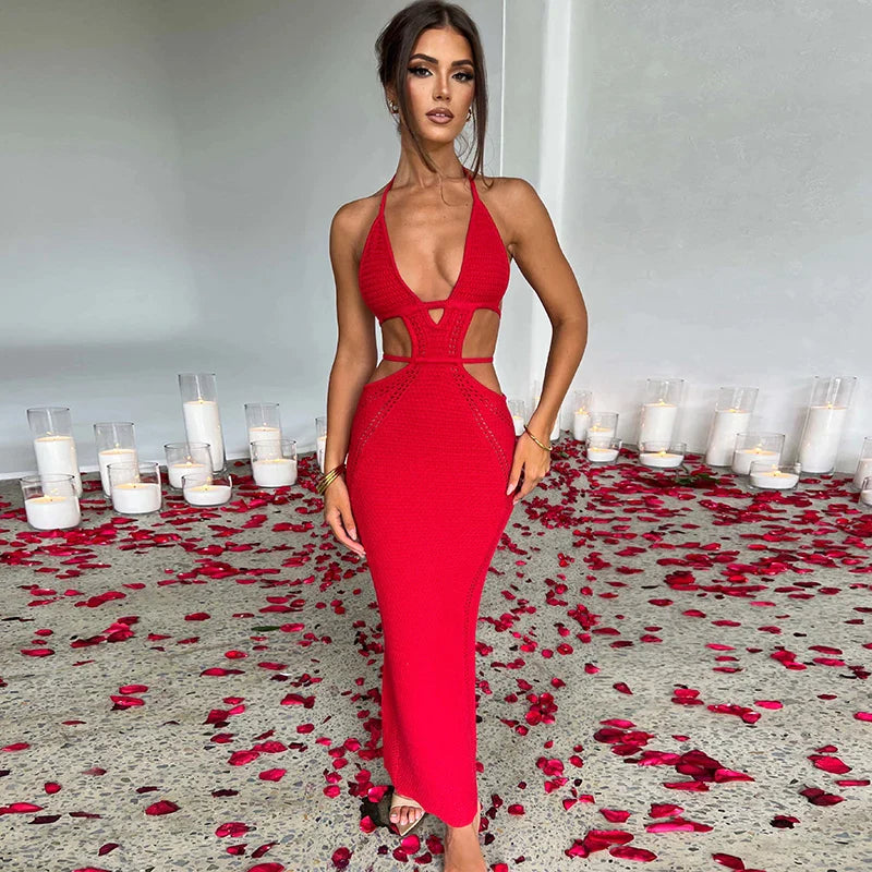 Crochet Halter Sleeveless Backless Solid Hollow Out Bandage Sexy Slim Maxi Prom Dress Winter Festival Party Outfit