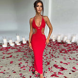 Crochet Halter Sleeveless Backless Solid Hollow Out Bandage Sexy Slim Maxi Prom Dress Winter Festival Party Outfit