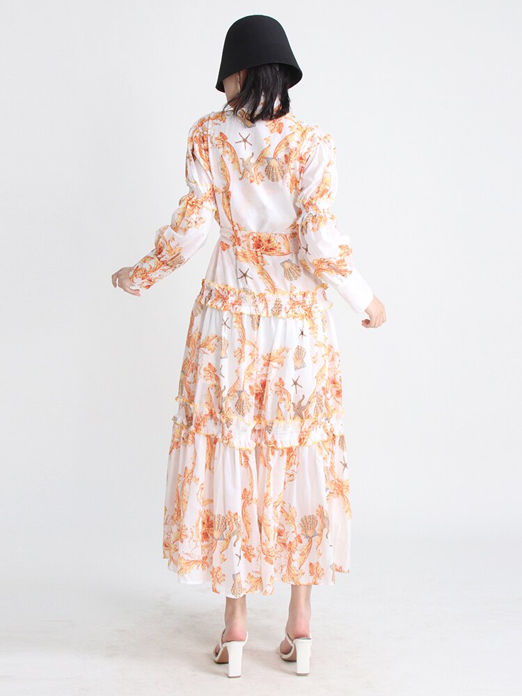 Hit Color Print Folds Dresses For Women Stand Collar Lantern Sleeve High Waist Elegant Dress Female Fashion Clothes