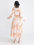 Hit Color Print Folds Dresses For Women Stand Collar Lantern Sleeve High Waist Elegant Dress Female Fashion Clothes