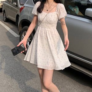 Dresses Women Puff Sleeve Holiday Sundress Hollow Out Floral Design Korean Style College Lovely Simple Trendy Summer