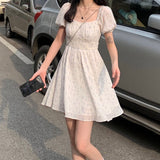 Dresses Women Puff Sleeve Holiday Sundress Hollow Out Floral Design Korean Style College Lovely Simple Trendy Summer