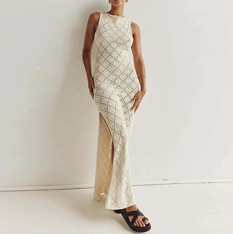 Chic Women Sleeveless Split Side Long Dress Diamond Crochet Hollow Out Midi Dress Elegant Lady Slim Fit Bodycon Holiday Party
