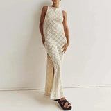Chic Women Sleeveless Split Side Long Dress Diamond Crochet Hollow Out Midi Dress Elegant Lady Slim Fit Bodycon Holiday Party