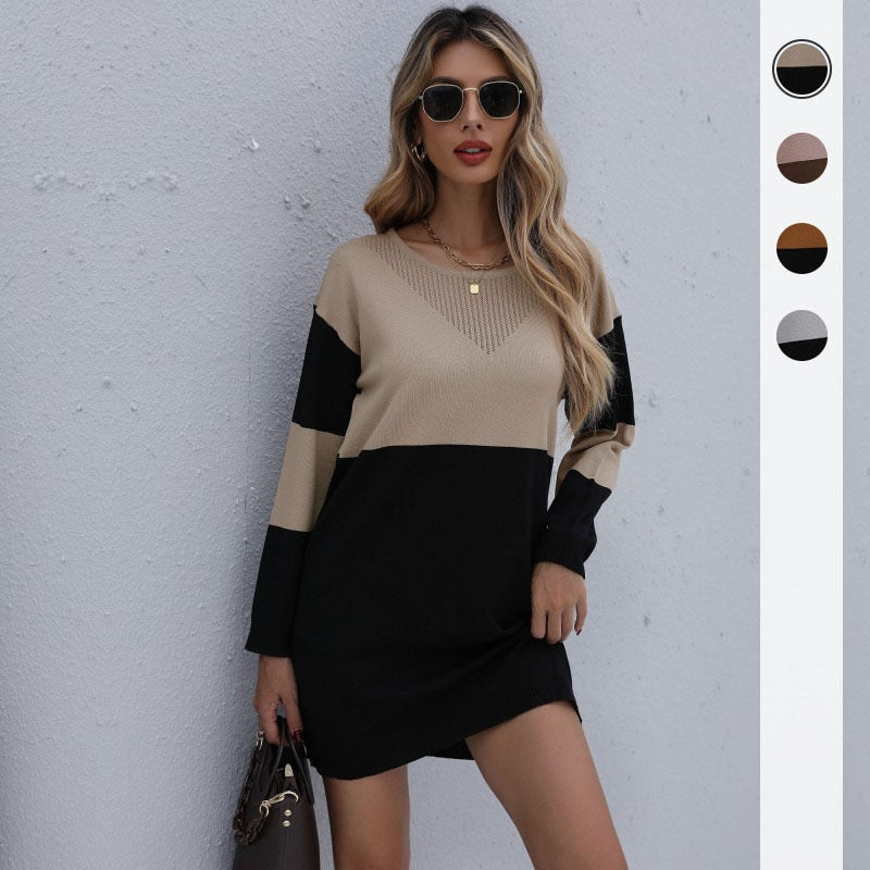 Women Winter Sweater Dresses, Women's Autumn Knitted Patchwork Pullovers Tunic Mini Dress.
