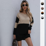 Women Winter Sweater Dresses, Women's Autumn Knitted Patchwork Pullovers Tunic Mini Dress.
