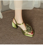 woloong Woman Shoes New Summer Fashion Chunky High Heels Platform Black Green Sweet Flower Dress Party Female Sandals