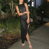 Chic Women Sleeveless Split Side Long Dress Diamond Crochet Hollow Out Midi Dress Elegant Lady Slim Fit Bodycon Holiday Party