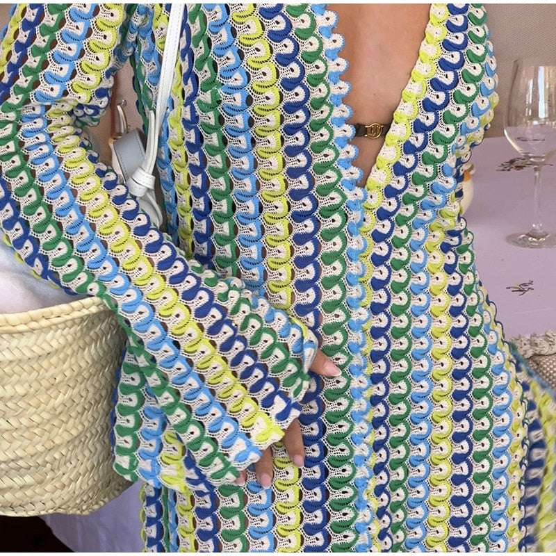 Patchwork Deep V-neck Women's Knit Dress Casual Full Flare Sleeve Crocheted Slit Long Dresses Female Autumn Party Vestidos