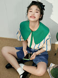 Blouse Women Shirts Summer Korean Fashion Stripes Short Sleeve Button Up Shirt Peter Pan Collar Patchwork Loose Sweet Top