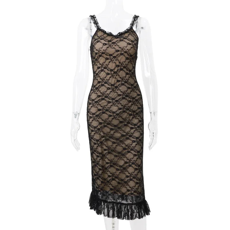Lace Patchwork Mesh Spaghetti Strap Sleeveless Midi Dress Ladies Elegant Party Clubwear Backless Slim Evening Dress