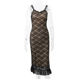 Lace Patchwork Mesh Spaghetti Strap Sleeveless Midi Dress Ladies Elegant Party Clubwear Backless Slim Evening Dress
