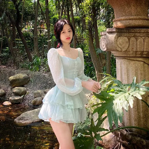 Korean Style Sweet Party Mini Dress Women Green Chiffon France Elegant Dress Female Bubble Sleeve White Casual Fairy Dress