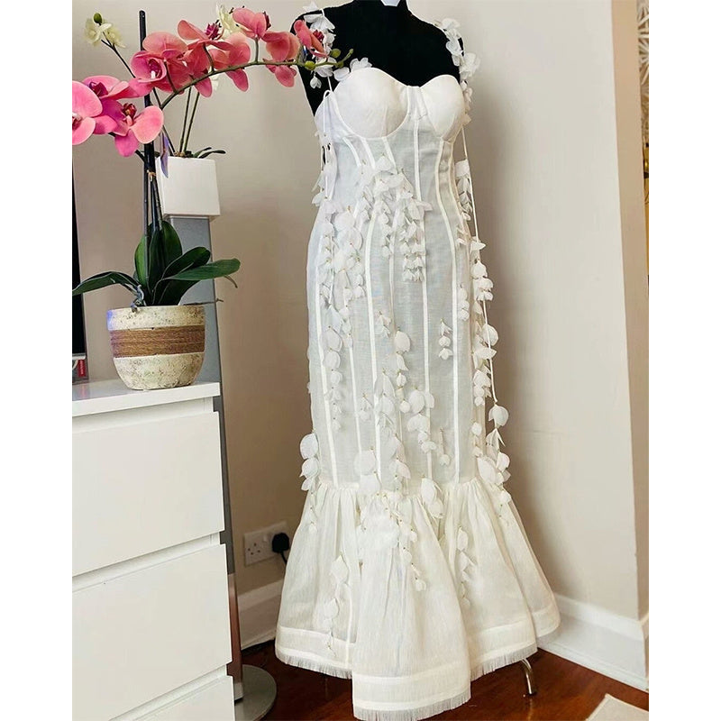 Woloong Party Dresses White Pretty Elegant Mermaid Prom Spaghetti Strap Sleeveless 3D Appliques Women Cocktail Night Gowns Custom Made