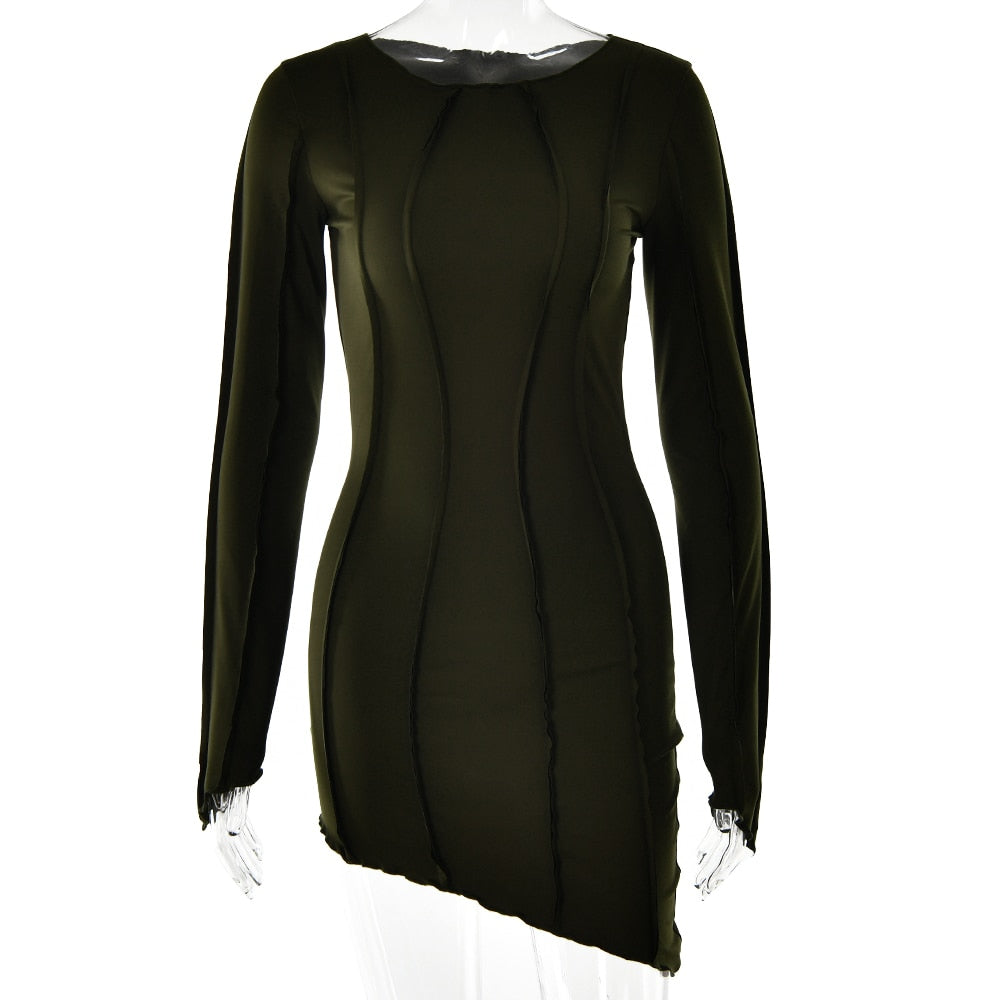 Sexy Solid Patchwork O Neck Mini Dress Women Autumn Bodycon Long Sleeve Slim Fit Elegant Party Club Vestido