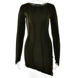 Sexy Solid Patchwork O Neck Mini Dress Women Autumn Bodycon Long Sleeve Slim Fit Elegant Party Club Vestido