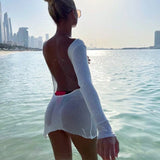 Chic Women Knitted Mini Dress Sexy Backless Long Sleeve Cover-ups Sundress Summer Beach Holiday Bodycon Dress Female Clothes