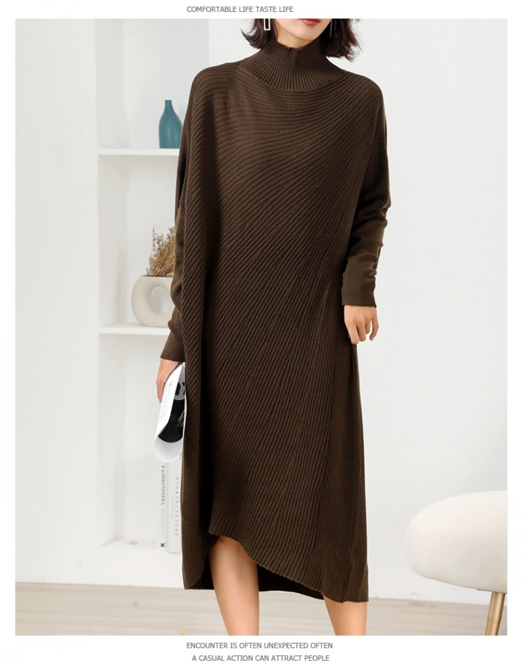 Women L-3XL Large Size Knitted Rib Woolen Dress With Batwing Sleeve For Autumn And Winter