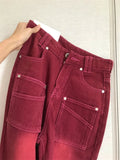 Woloong High Street Streetwear Baggy Jeans Women Denim Trousers High Waist Y2k Vintage Washed Distressed Wide Leg Mopping Red Pants