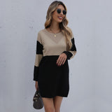 Women Winter Sweater Dresses, Women's Autumn Knitted Patchwork Pullovers Tunic Mini Dress.