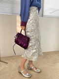 Long Silver Skirt For Women Summer Metallic High Fashion A Line Glitter Slit Midi Skirt Designer Clothes