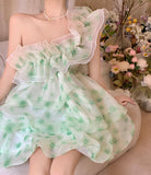 woloong  French Ruffled Dress Sweet Off Shoulder Women's Summer Sleeveless Short Floral Dress Party High Waist A-line Fairy Dress Vestido