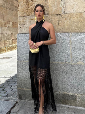 Elegant Cross Hanging Neck Women's Dress Fashion Sleeveless Backless Tassel Long Dresses Summer Female Party Club Vestidos