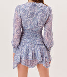 Blue Floral Print Chiffon Mini Dress Women Wood ears Ruffles V neck Open Buttons Slim Ruched Waist Long Sleeve Holiday Robe