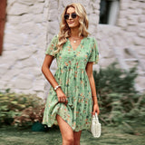 Fashion Floral Dress Women Spring Autumn V Neck Short Sleeve Loose Chic Printed Dresses