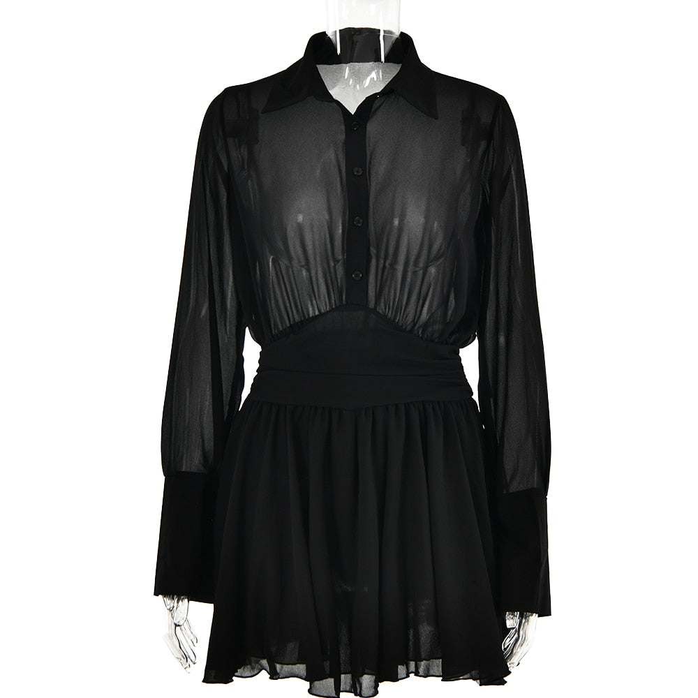 Sexy Women Chiffon Turndown Collar White Ruched Mini Dress Chic Single Breasted Longsleeve Slim Fall Dresses