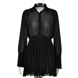 Sexy Women Chiffon Turndown Collar White Ruched Mini Dress Chic Single Breasted Longsleeve Slim Fall Dresses