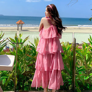 Elegant Spaghetti Strap Dress Women Summer Flounced Edge High Waist Beach Holiday Dresses Woman Party Boho Robe Femme