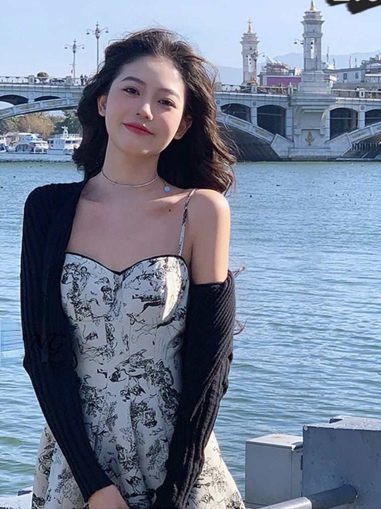 French Vintage Midi Dress Women Casual Elegant Floral Strap Dress Party Even Office Lady Slim One Piece Dress Korean Summer