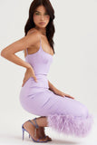 Women's Summer Dress Line Neck Sling Sleeveless Off Shoulder Solid Dress Sexy Backless Tight Purple Feather Dress