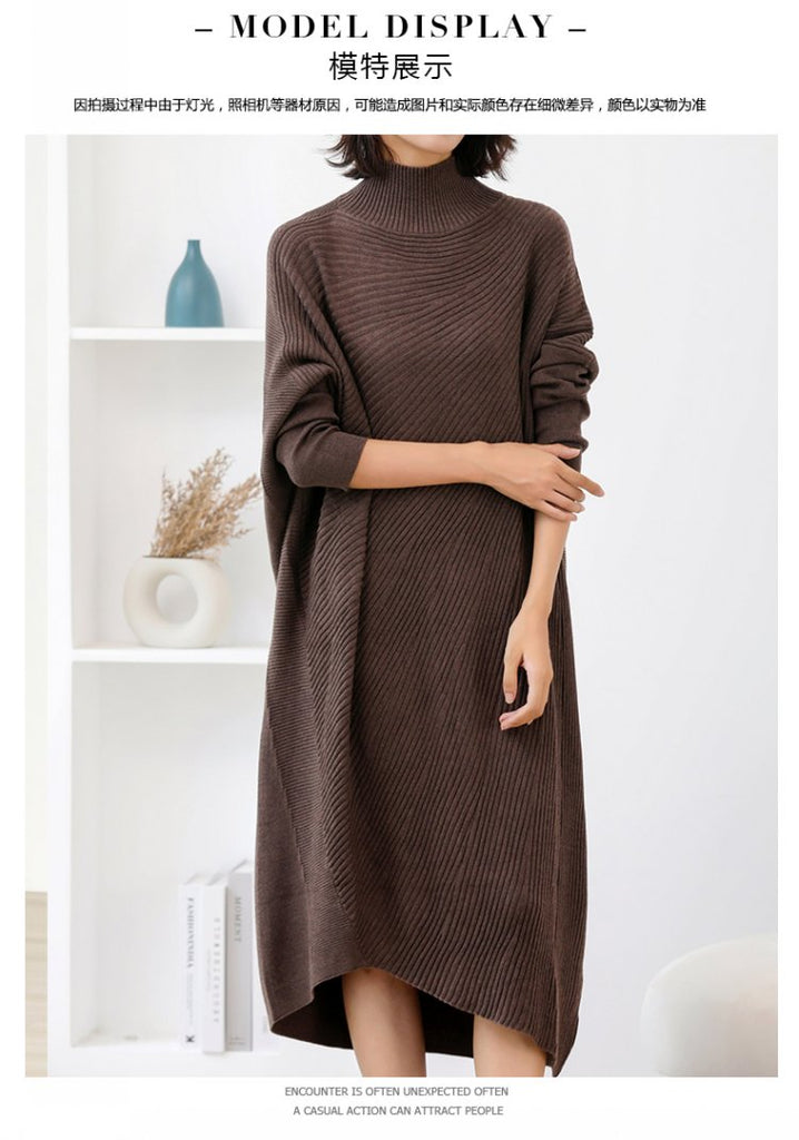Women L-3XL Large Size Knitted Rib Woolen Dress With Batwing Sleeve For Autumn And Winter