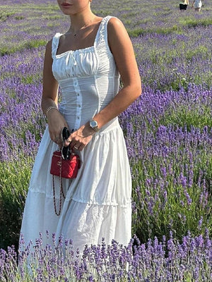 Sexy White Pleated Holiday Dress Woman Lace Up Square Collar Ruffles Female Dresses Elegant Button Sleeveless Beach Vestido
