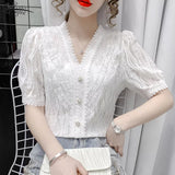 Woloong  Summer Shirt Korean Style Wild Lace Shirt Women Square Collar Short Sleeve Hollow Out Vintage Elegant Blouse Blusas 13934