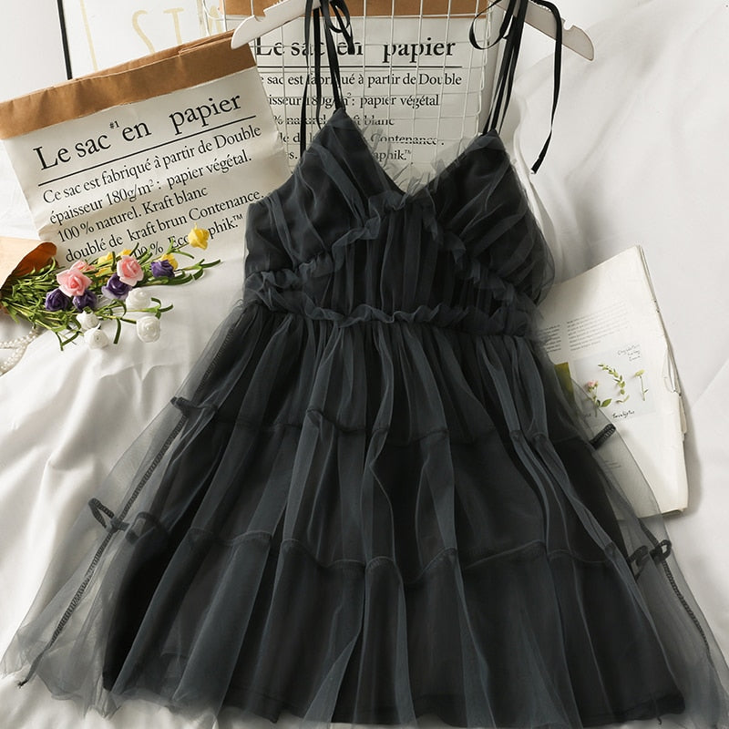 Spaghetti Strap Dress Black Sweet Princess High Waist A-line Sexy Mini Dress Puffy Vintage Mesh Dress Sundress  Women Clothing