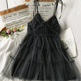 Spaghetti Strap Dress Black Sweet Princess High Waist A-line Sexy Mini Dress Puffy Vintage Mesh Dress Sundress  Women Clothing