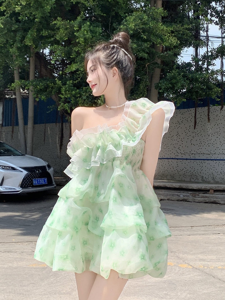 woloong  French Ruffled Dress Sweet Off Shoulder Women's Summer Sleeveless Short Floral Dress Party High Waist A-line Fairy Dress Vestido
