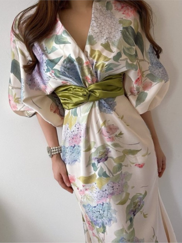 Spring Japan Style Elegant Floral Midi Dress Women Vintage Chic Bodycon Party Birthday Vestidos Female Fashion One Pieces Robe