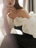 Temperament Women Slash Neck Puff Sleeve A-Line Fishtail Mid-calf Dress  Autumn Female Spliced Dinner Clothing