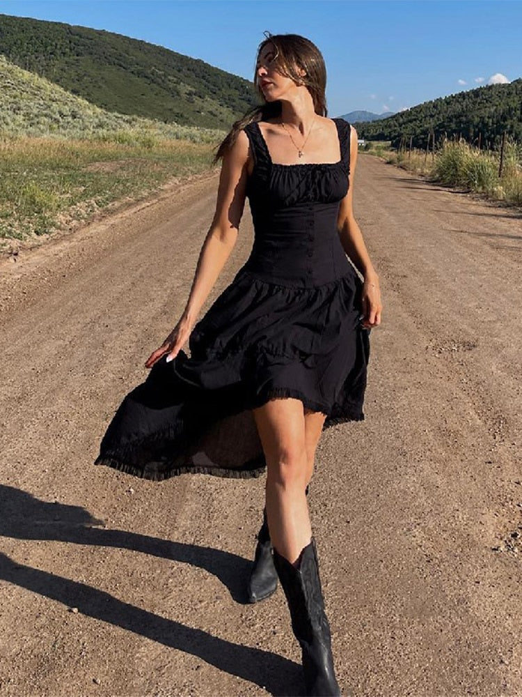 Sexy White Pleated Holiday Dress Woman Lace Up Square Collar Ruffles Female Dresses Elegant Button Sleeveless Beach Vestido