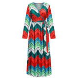 Christmas Print Long Dress for Women Autumn V-neck Knitting  A-LINE Belt Slim Ankle-Length
